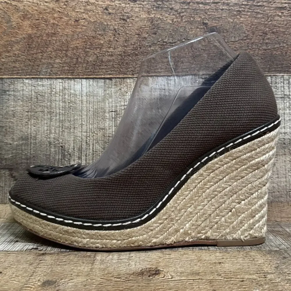 Tory Burch Jackie Brown Canvas Peep Toe Espadrille Wedge Heels Shoes Size 9.5